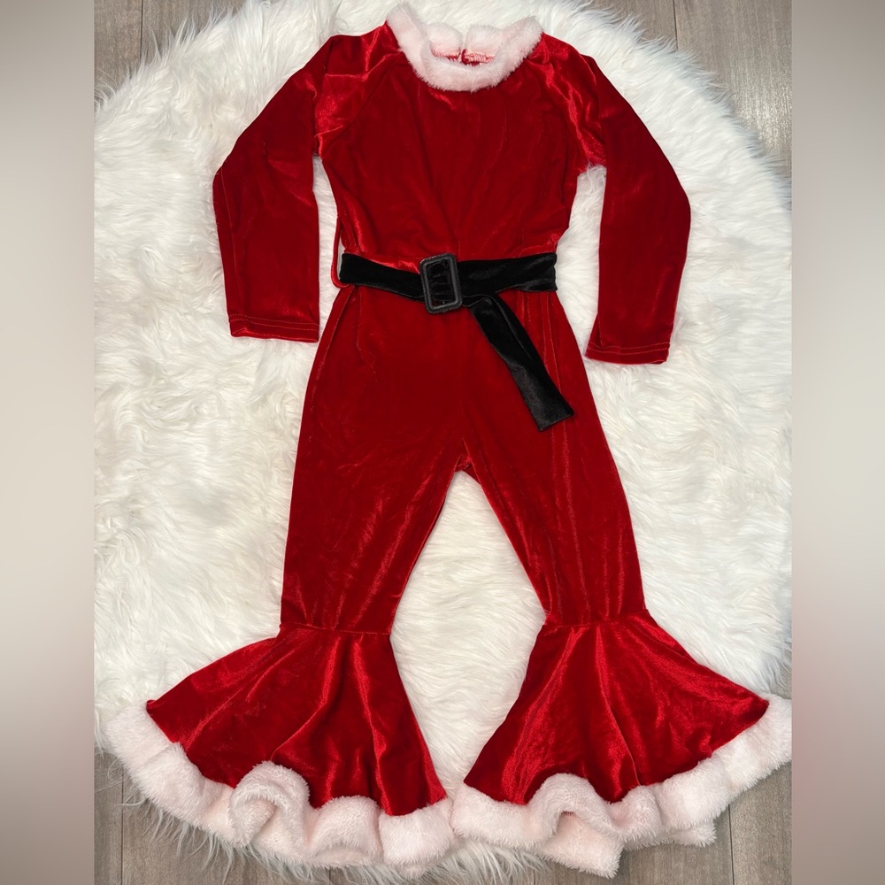Girl Red Velvet Jumpsuit with Black Belt Size 4-5T